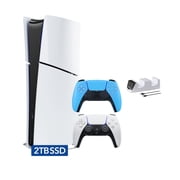 PlayStation 5 Slim Disc 2TB SSD Edition with Two Controllers White and Starlight Blue DualSense and Mytrix Dual Controller Charger - PS5 Gaming Console
