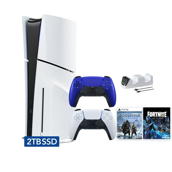 PlayStation 5 Slim Disc 2TB SSD Fortnite Cobalt Star Bundle God of War Bundle with Two Controllers, White and Cobalt Blue DualSense and Mytrix Dual Controller Charger - PS5 Slim Disc Edition