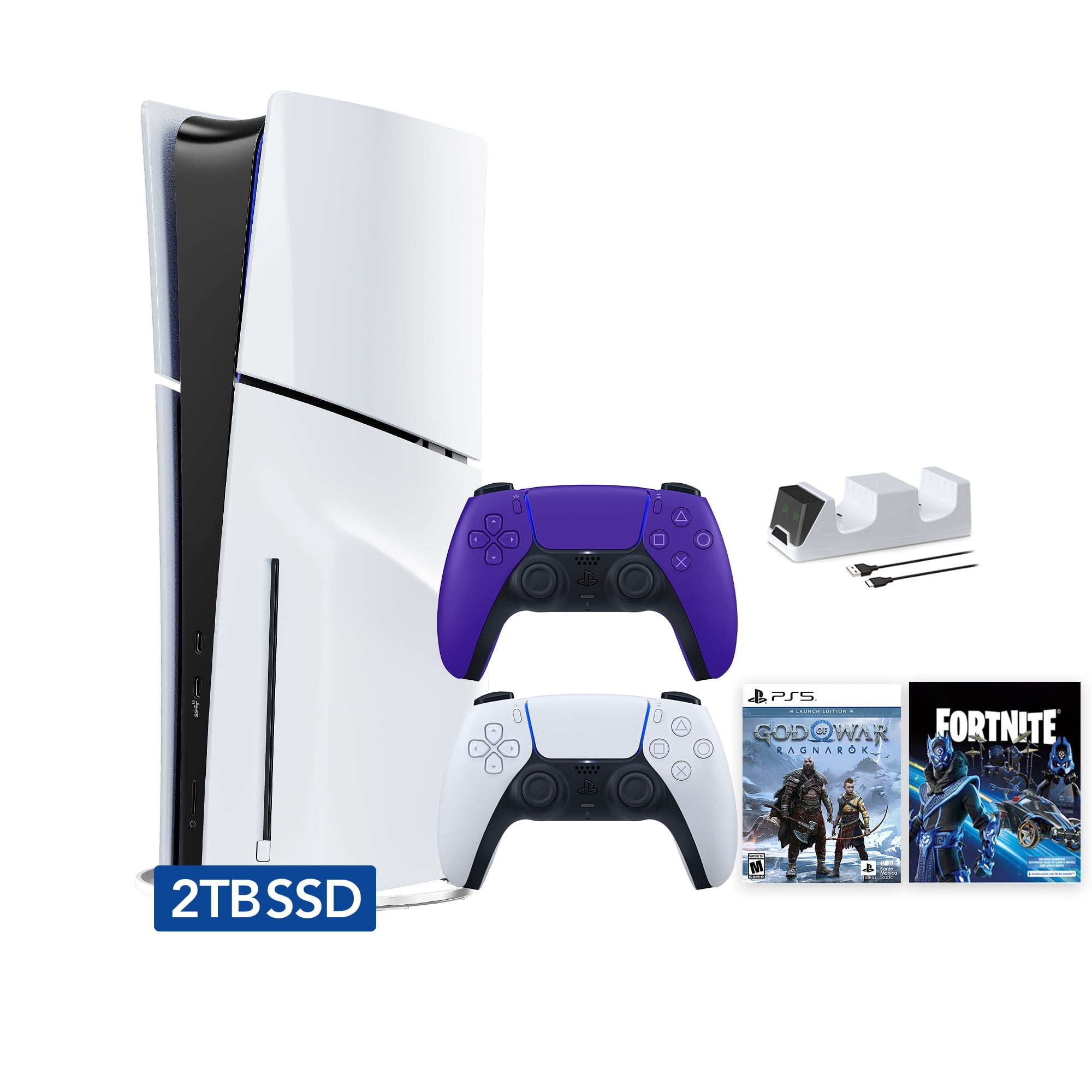 PlayStation 5 Slim Disc 2TB SSD Fortnite Cobalt Star Bundle God of War Bundle with Two Controllers, White and Galactic Purple DualSense and Mytrix Dual Controller Charger - PS5 Slim Disc Edition