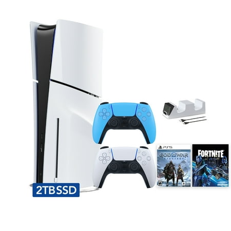 PlayStation 5 Slim Disc 2TB SSD Fortnite Cobalt Star Bundle God of War Bundle with Two Controllers, White and Starlight Blue DualSense and Mytrix Dual Controller Charger - PS5 Slim Disc Edition