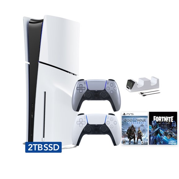 PlayStation 5 Slim Disc 2TB SSD Fortnite Cobalt Star Bundle God of War Bundle with Two Controllers, White and Sterling Silver DualSense and Mytrix Dual Controller Charger - PS5 Slim Disc Edition