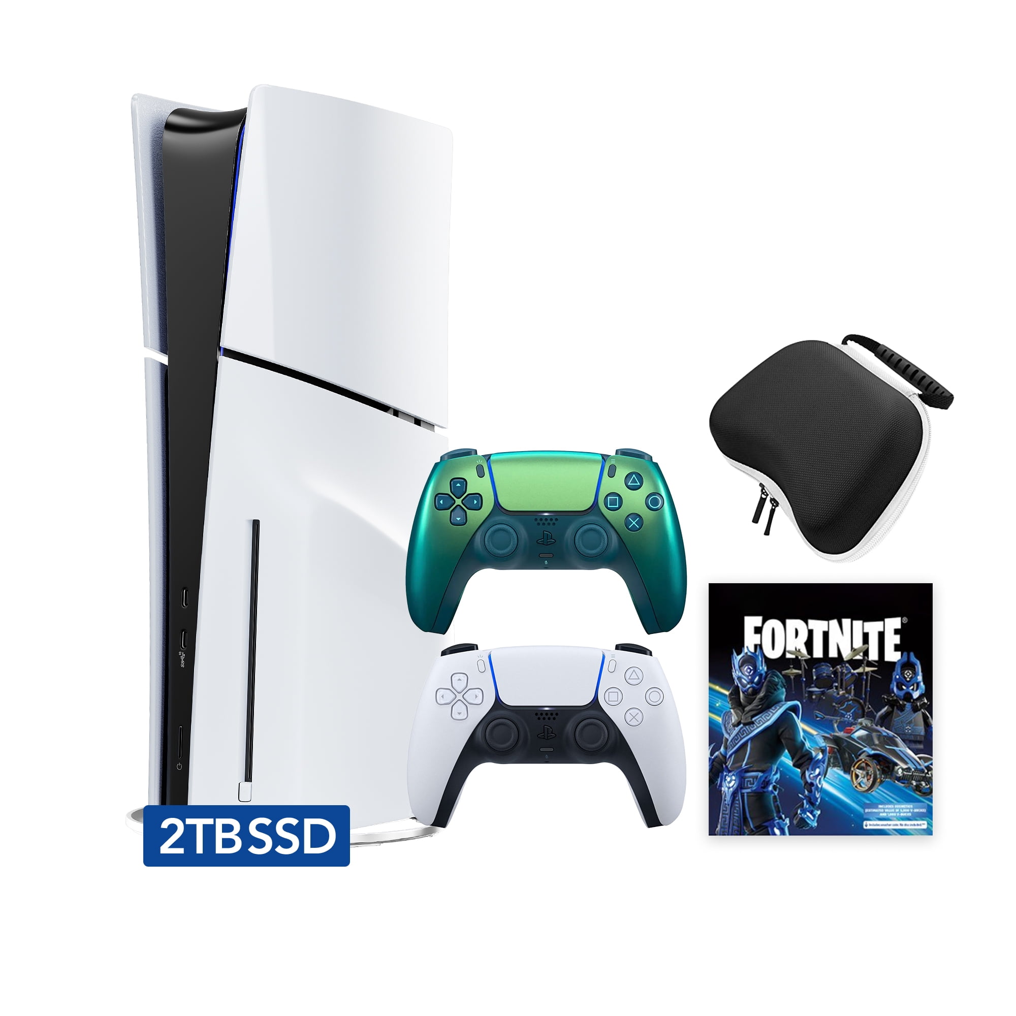 PlayStation 5 Slim Disc 2TB SSD Fortnite Cobalt Star Bundle with Two Controllers, White and Chroma Teal DualSense and Mytrix Hard Shell Protective Controller Case - PS5 Slim Disc Edition