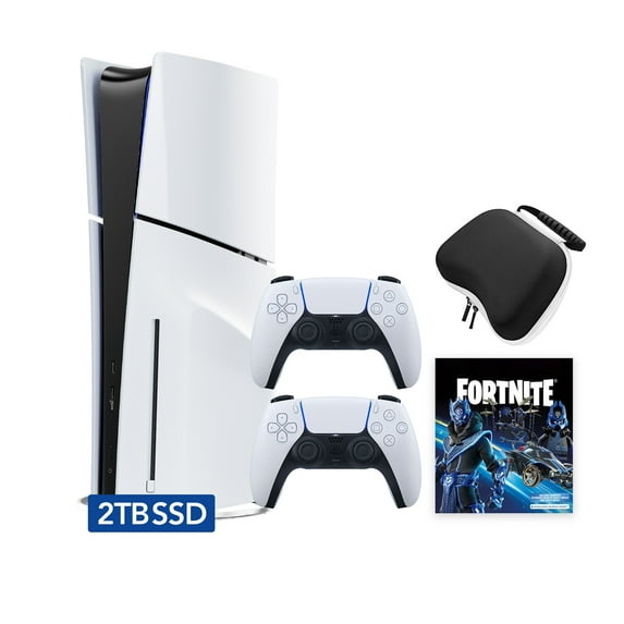 PlayStation 5 Slim Disc 2TB SSD Fortnite Cobalt Star Bundle with Two DualSense Controllers and Mytrix Hard Shell Protective Controller Case - PS5 Slim Disc Edition