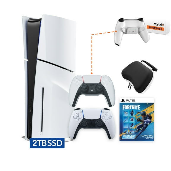 PlayStation 5 Slim Disc 2TB SSD Fortnite Flowering Chaos Bundle, an Additional Mytrix Upgraded PS5 Controller with Remappable Back Paddles and Turbo, Controller Case - PS5 Slim Disc Edition