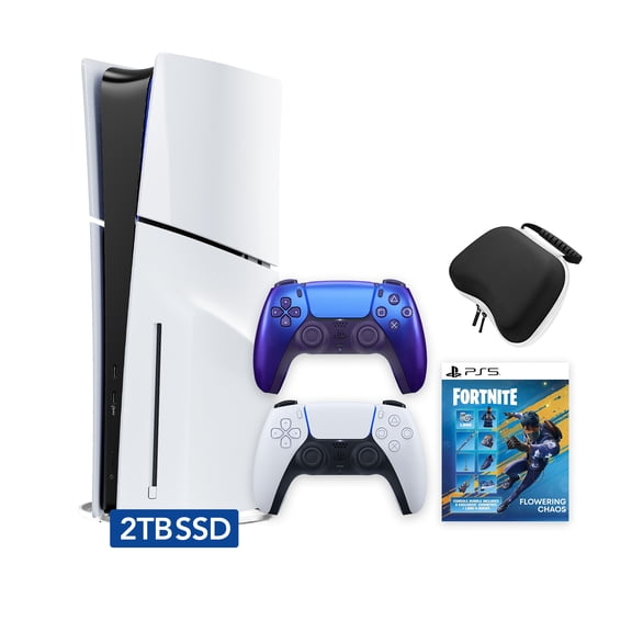 PlayStation 5 Slim Disc 2TB SSD Fortnite Flowering Chaos Bundle with Two Controllers, White and Chroma Indigo DualSense and Mytrix Hard Shell Protective Controller Case - PS5 Slim Disc Edition