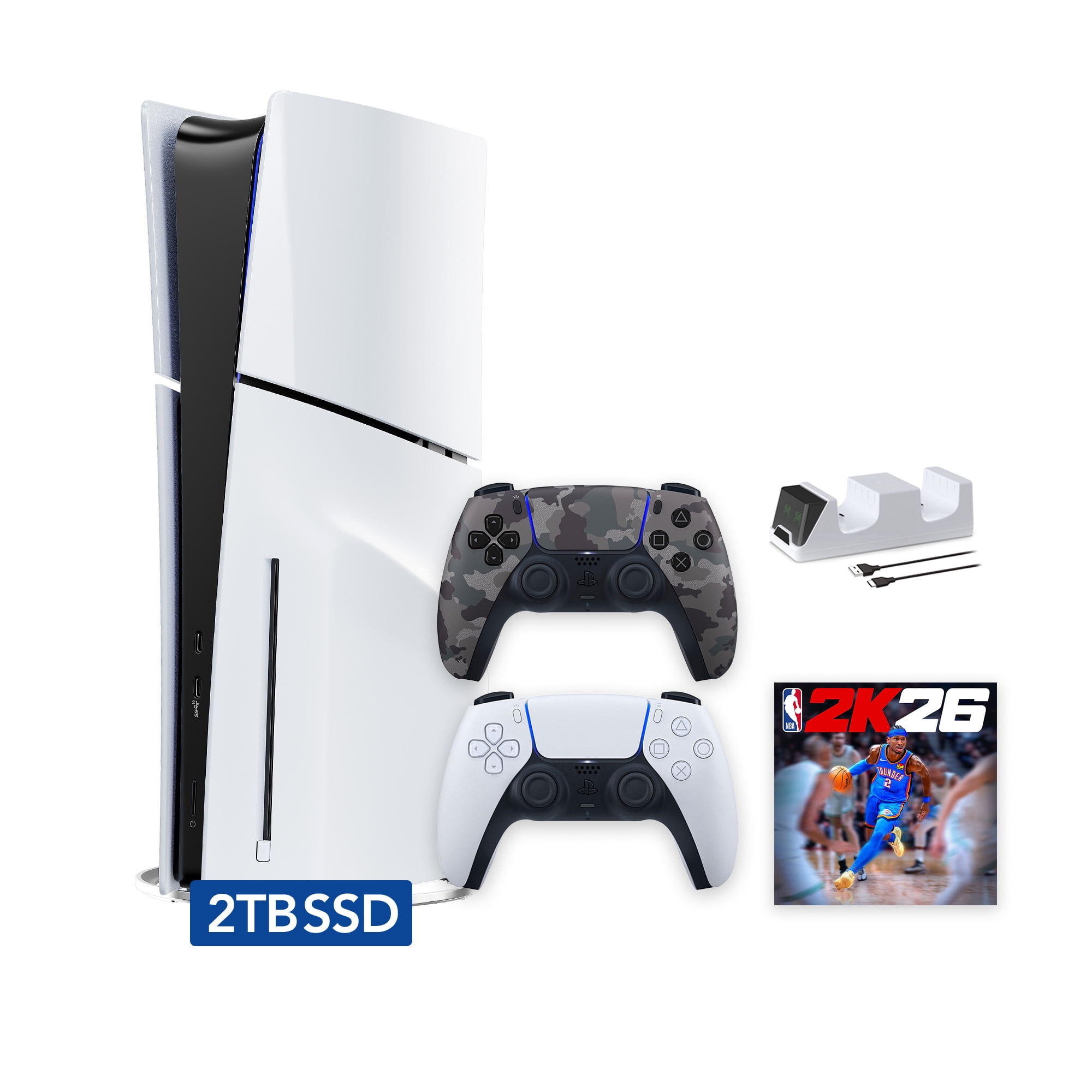 PlayStation 5 Slim Disc 2TB SSD NBA 2K26 Bundle with Two Controllers, White and Gray Camouflage DualSense and Mytrix Dual Controller Charger - PS5 Slim Disc Edition
