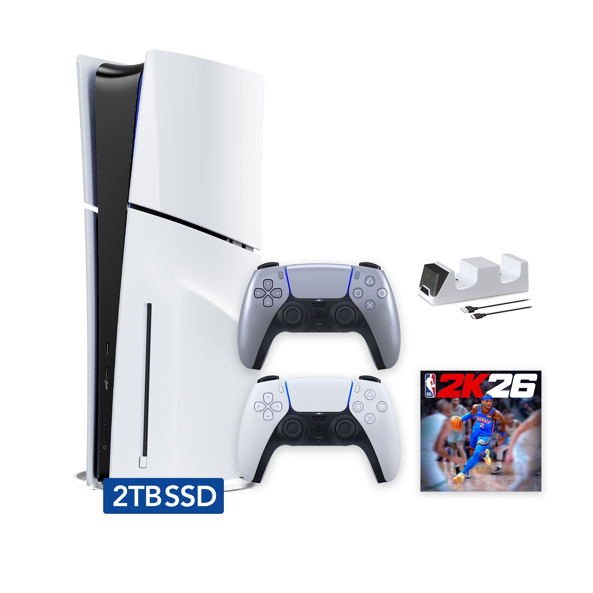 PlayStation 5 Slim Disc 2TB SSD NBA 2K26 Bundle with Two Controllers, White and Sterling Silver DualSense and Mytrix Dual Controller Charger - PS5 Slim Disc Edition