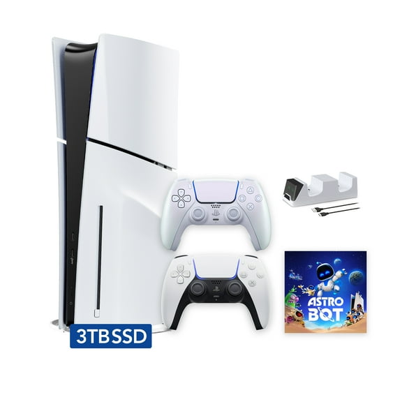 PlayStation 5 Slim Disc 3TB SSD ASTRO BOT Bundle with Two Controllers, White and Chroma Pearl DualSense and Mytrix Dual Controller Charger - PS5 Slim Disc Edition