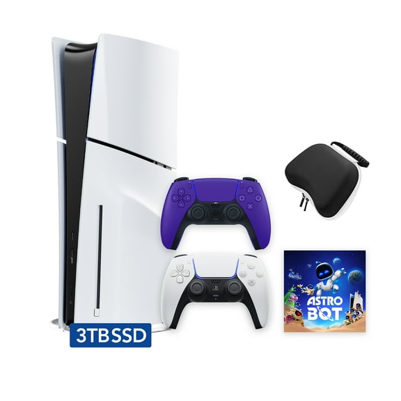 PlayStation 5 Slim Disc 3TB SSD ASTRO BOT Bundle with Two Controllers, White and Galactic Purple DualSense and Mytrix Hard Shell Protective Controller Case - PS5 Slim Disc Edition