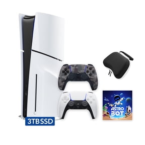 PlayStation 5 Slim Disc 3TB SSD ASTRO BOT Bundle with Two Controllers, White and Gray Camouflage DualSense and Mytrix Hard Shell Protective Controller Case - PS5 Slim Disc Edition