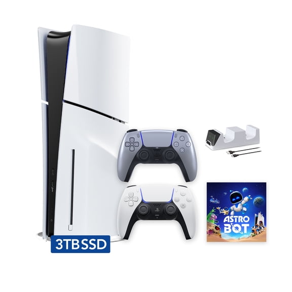 PlayStation 5 Slim Disc 3TB SSD ASTRO BOT Bundle with Two Controllers, White and Sterling Silver DualSense and Mytrix Dual Controller Charger - PS5 Slim Disc Edition