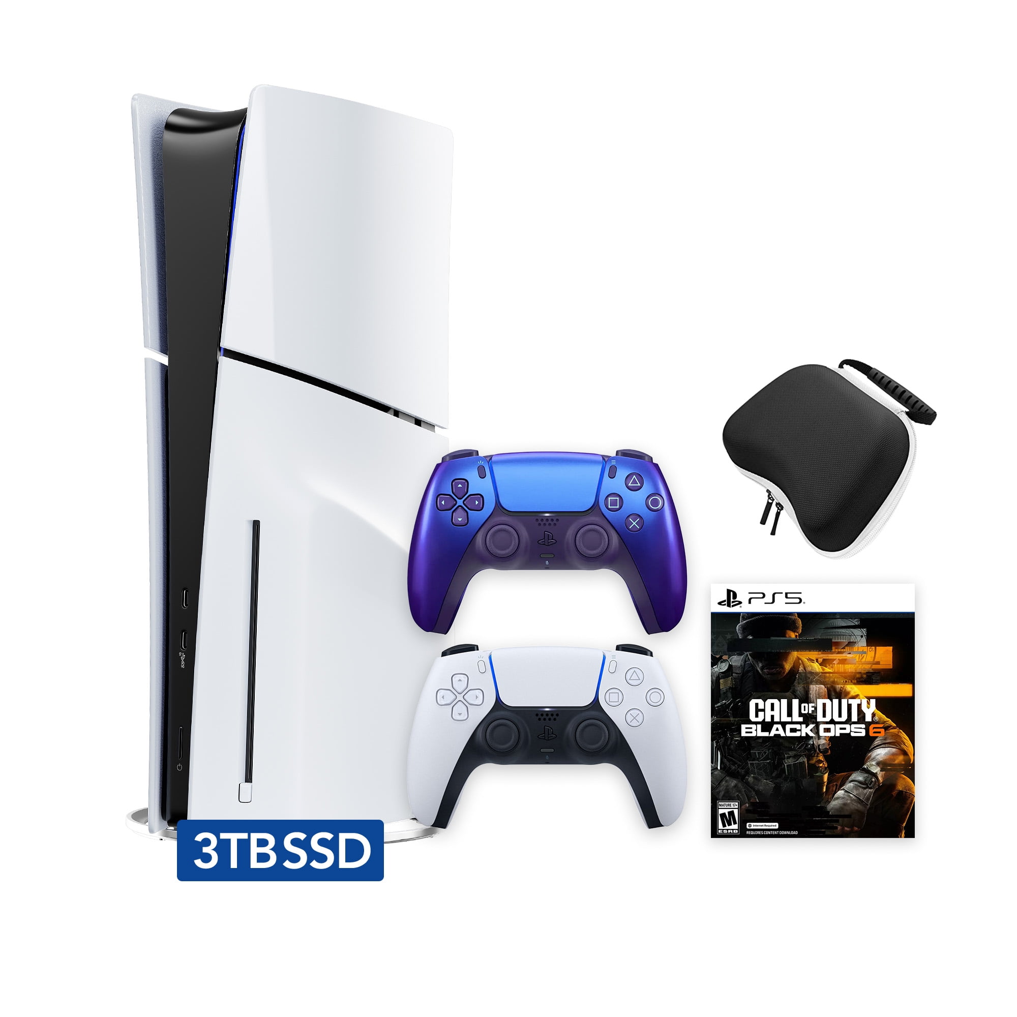 PlayStation 5 Slim Disc 3TB SSD Call of Duty Black Ops 6 Bundle with Two Controllers, White and Chroma Indigo DualSense and Mytrix Hard Shell Protective Controller Case - PS5 Slim Disc Edition