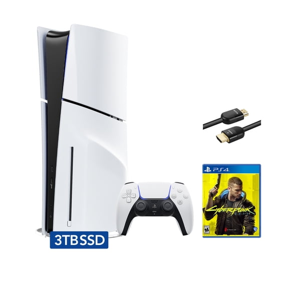 PlayStation 5 Slim Disc 3TB SSD Edition Bundle with Cyberpunk 2077 and Mytrix 8K HDMI2.1 Cable - PS5, White
