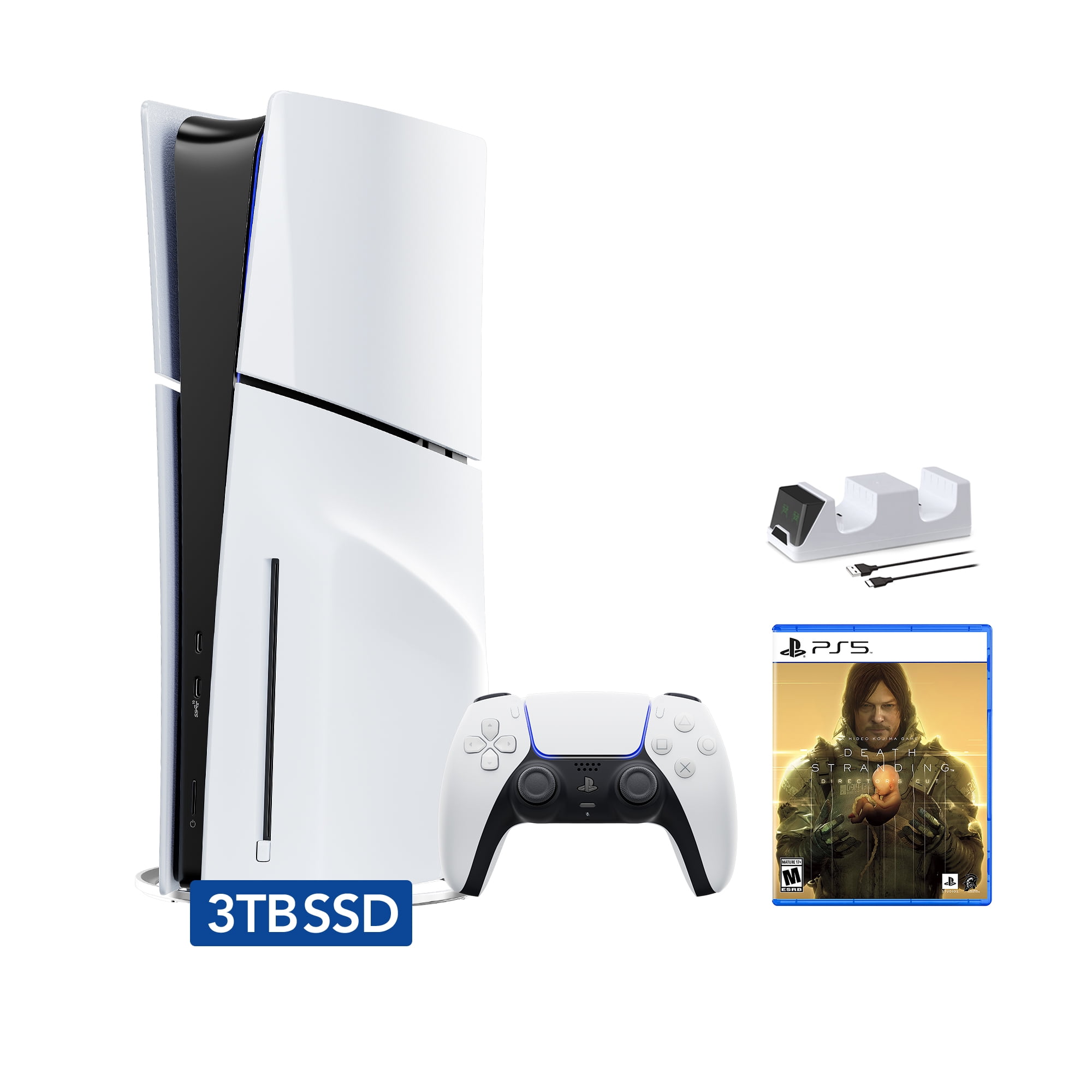 PlayStation 5 Slim Disc 3TB SSD Edition Bundle with Death Stranding Director’s Cut and C-Gamers Dual-Controller Charger - PS5, White