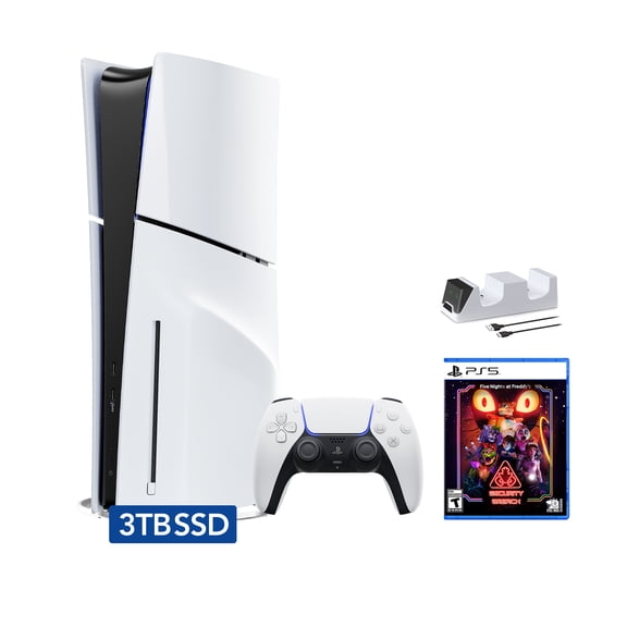 PlayStation 5 Slim Disc 3TB SSD Edition Bundle with Five Nights at Freddy's Security Breach and C-Gamers Dual-Controller Charger - PS5, White