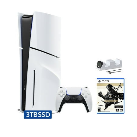 PlayStation 5 Slim Disc 3TB SSD Edition Bundle with Ghost of Tsushima Director's Cut and C-Gamers Dual-Controller Charger - PS5, White