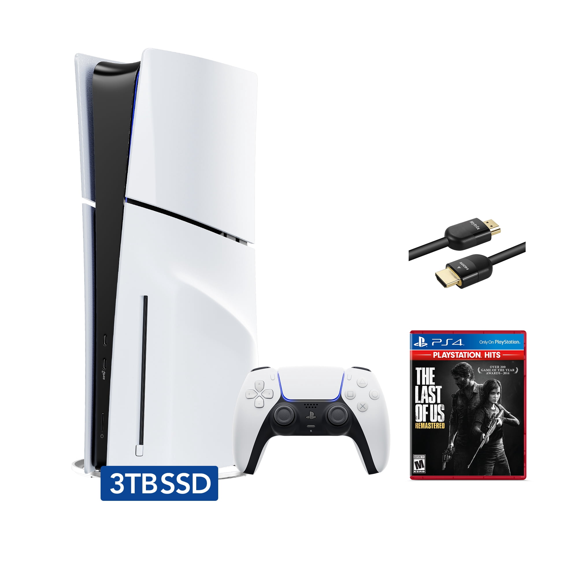 PlayStation 5 Slim Disc 3TB SSD Edition Bundle with The Last of Us Remastered and Mytrix 8K HDMI2.1 Cable - PS5, White