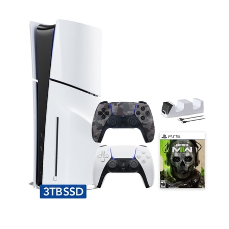 PlayStation 5 Slim Disc 3TB SSD Edition Call of Duty Modern Warfare II Bundle with Two Controllers White and Gray Camouflage DualSense and Mytrix Dual Controller Charger - PS5 Gaming Console