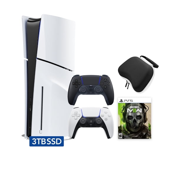 PlayStation 5 Slim Disc 3TB SSD Edition Call of Duty Modern Warfare II Bundle with Two Controllers White and Midnight Black DualSense, Hard Shell Protective Controller Case - PS5 Gaming Console