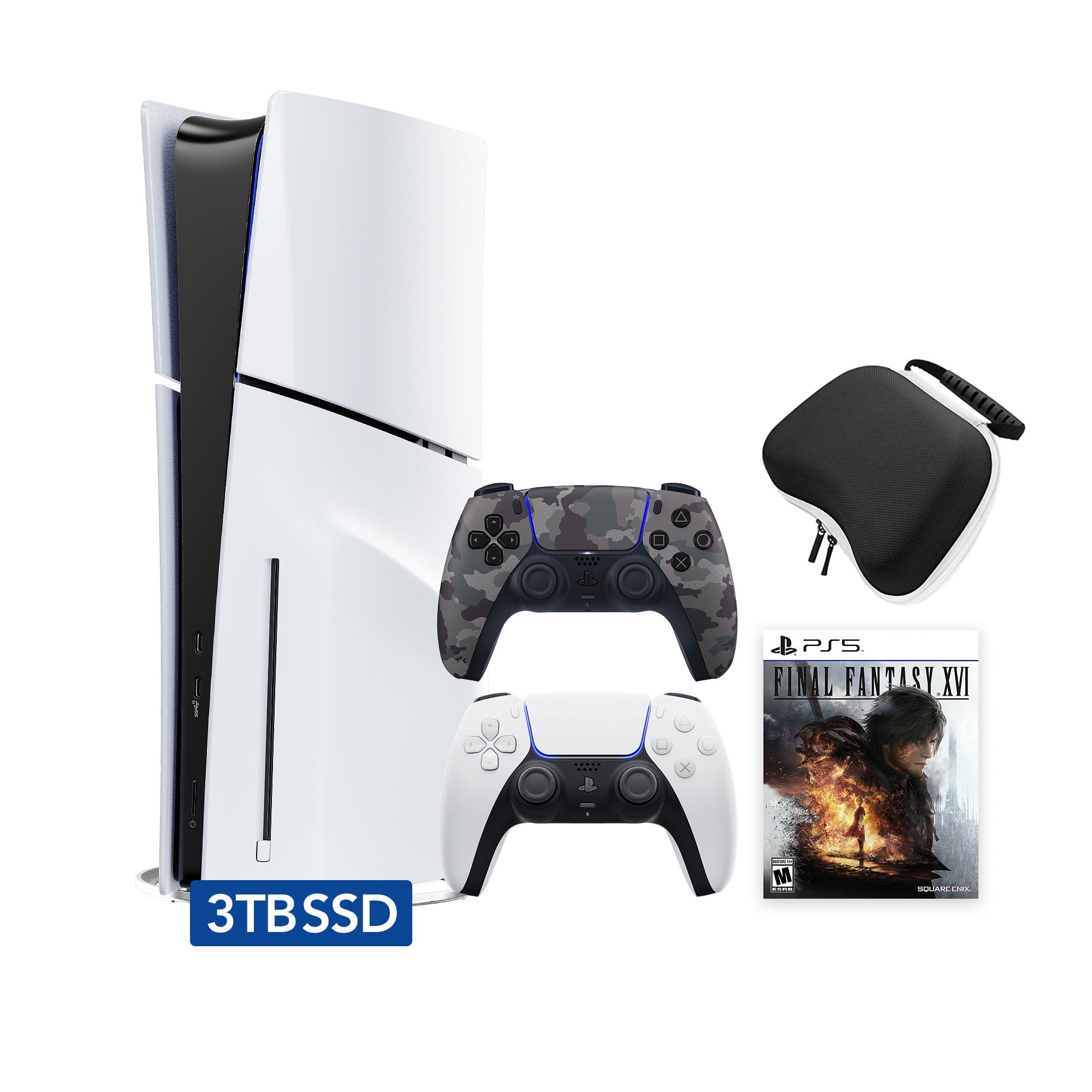 PlayStation 5 Slim Disc 3TB SSD Edition FINAL FANTASY XVI Bundle with Two Controllers White and Gray Camouflage DualSense and Mytrix Hard Shell Protective Controller Case - PS5 Gaming Console