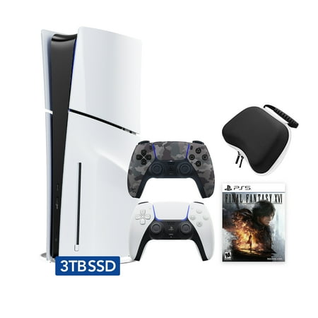 PlayStation 5 Slim Disc 3TB SSD Edition FINAL FANTASY XVI Bundle with Two Controllers White and Gray Camouflage DualSense and Mytrix Hard Shell Protective Controller Case - PS5 Gaming Console