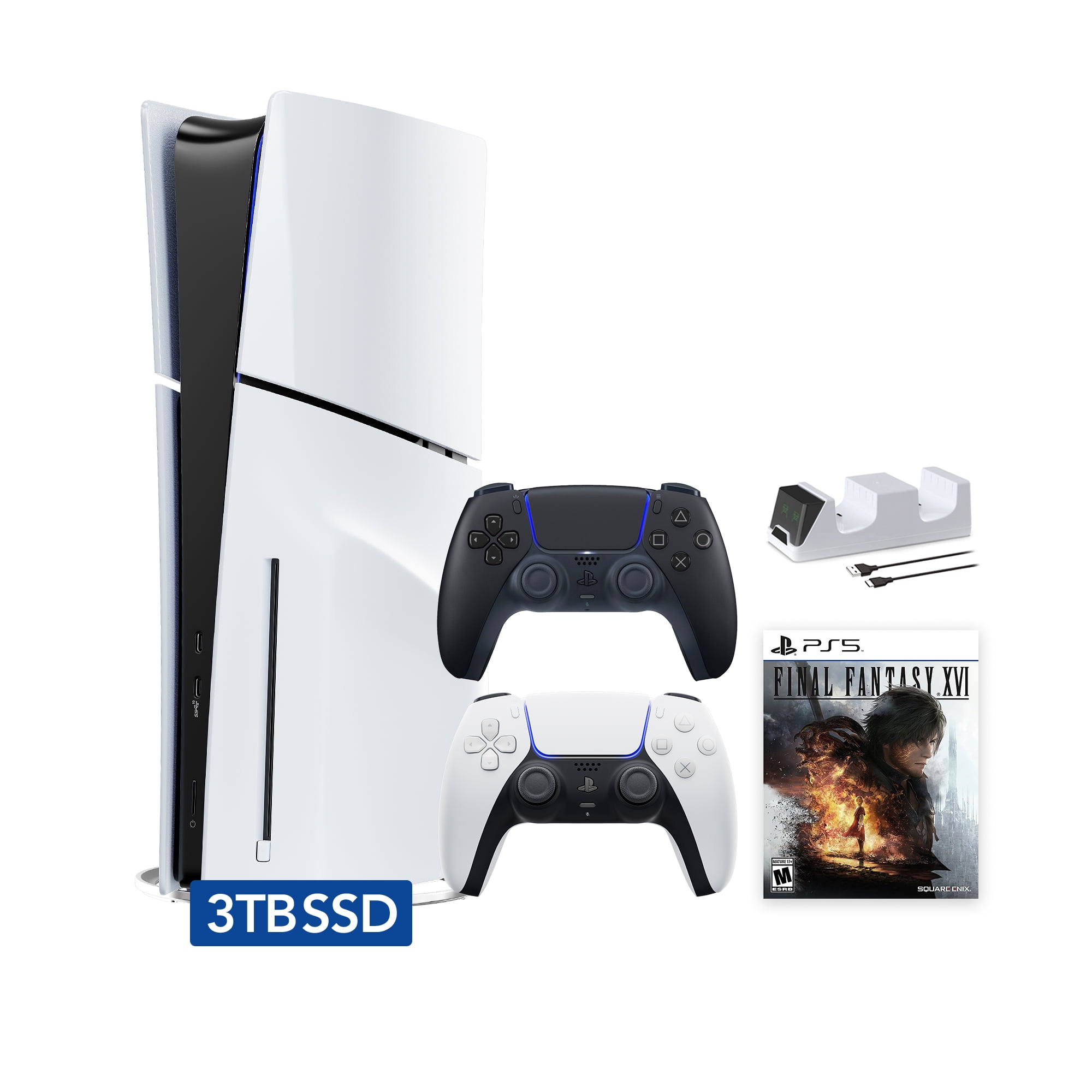 PlayStation 5 Slim Disc 3TB SSD Edition FINAL FANTASY XVI Bundle with Two Controllers White and Midnight Black DualSense and Mytrix Dual Controller Charger - PS5 Gaming Console