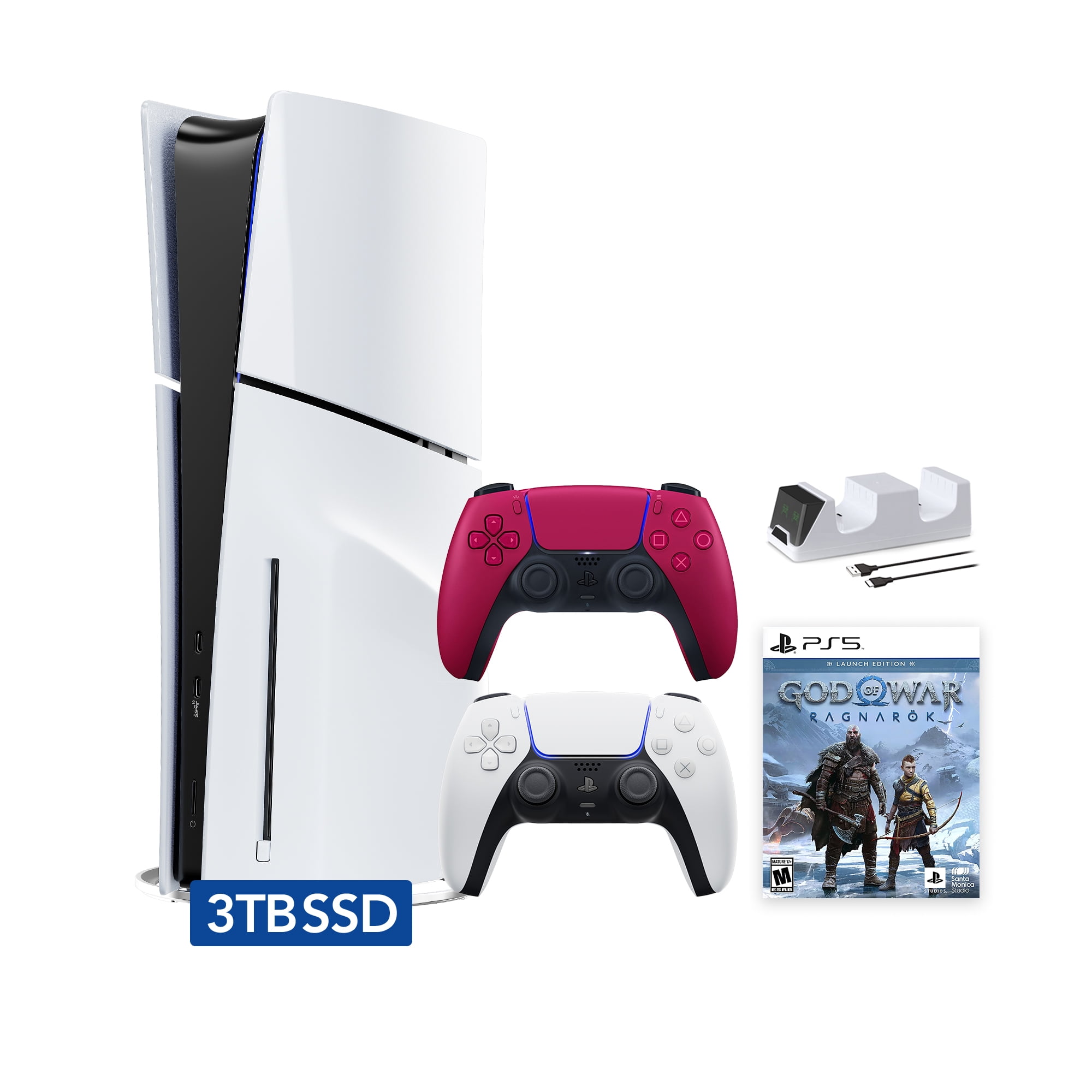 PlayStation 5 Slim Disc 3TB SSD Edition God of War Ragnarok Bundle with Two Controllers White and Cosmic Red DualSense and Mytrix Dual Controller Charger - PS5 Gaming Console