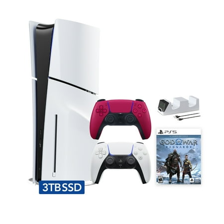 PlayStation 5 Slim Disc 3TB SSD Edition God of War Ragnarok Bundle with Two Controllers White and Cosmic Red DualSense and Mytrix Dual Controller Charger - PS5 Gaming Console