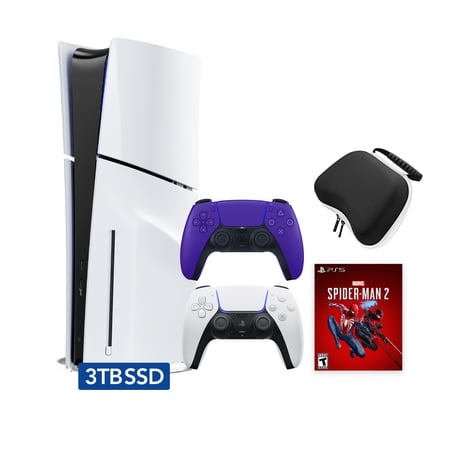 PlayStation 5 Slim Disc 3TB SSD Edition Marvel's Spider-Man 2 Bundle with Two Controllers White and Galactic Purple DualSense and Mytrix Hard Shell Protective Controller Case - PS5 Gaming Console