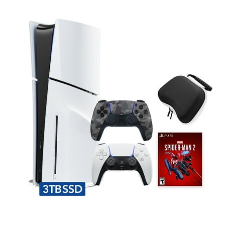 PlayStation 5 Slim Disc 3TB SSD Edition Marvel's Spider-Man 2 Bundle with Two Controllers White and Gray Camouflage DualSense and Mytrix Hard Shell Protective Controller Case - PS5 Gaming Console