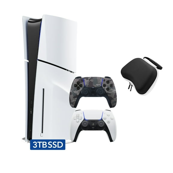 PlayStation 5 Slim Disc 3TB SSD Edition with Two Controllers White and Gray Camouflage DualSense and Mytrix Hard Shell Protective Controller Case - PS5 Gaming Console