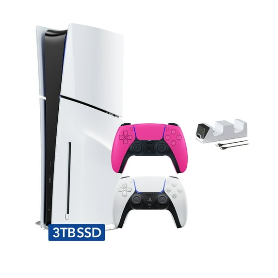 PlayStation 5 Slim Disc 3TB SSD Edition with Two Controllers White and Nova Pink DualSense and Mytrix Dual Controller Charger - PS5 Gaming Console