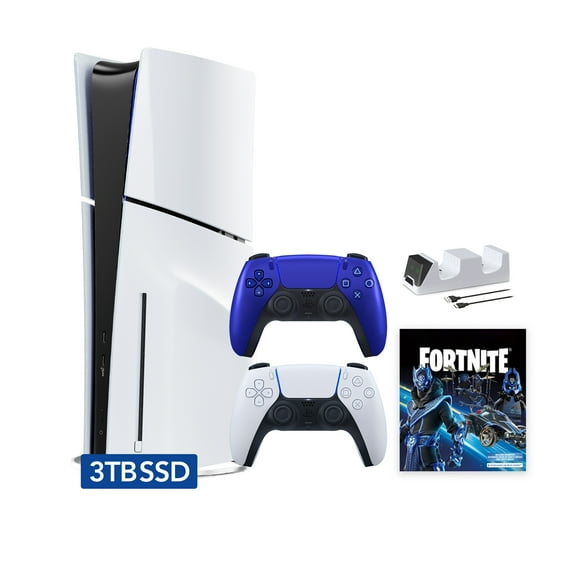 PlayStation 5 Slim Disc 3TB SSD Fortnite Cobalt Star Bundle with Two Controllers, White and Cobalt Blue DualSense and Mytrix Dual Controller Charger - PS5 Slim Disc Edition