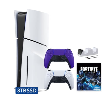 PlayStation 5 Slim Disc 3TB SSD Fortnite Cobalt Star Bundle with Two Controllers, White and Galactic Purple DualSense and Mytrix Dual Controller Charger - PS5 Slim Disc Edition