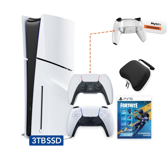 PlayStation 5 Slim Disc 3TB SSD Fortnite Flowering Chaos Bundle, an Additional Mytrix Upgraded PS5 Controller with Remappable Back Paddles and Turbo, Controller Case - PS5 Slim Disc Edition