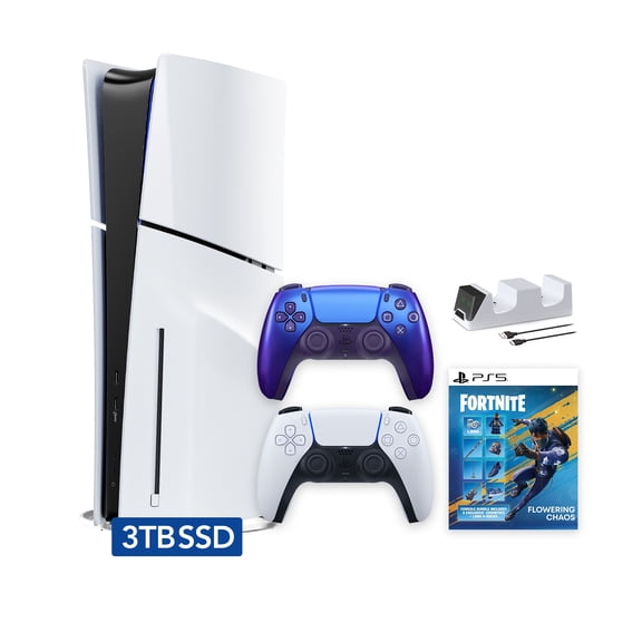 PlayStation 5 Slim Disc 3TB SSD Fortnite Flowering Chaos Bundle with Two Controllers, White and Chroma Indigo DualSense and Mytrix Dual Controller Charger - PS5 Slim Disc Edition