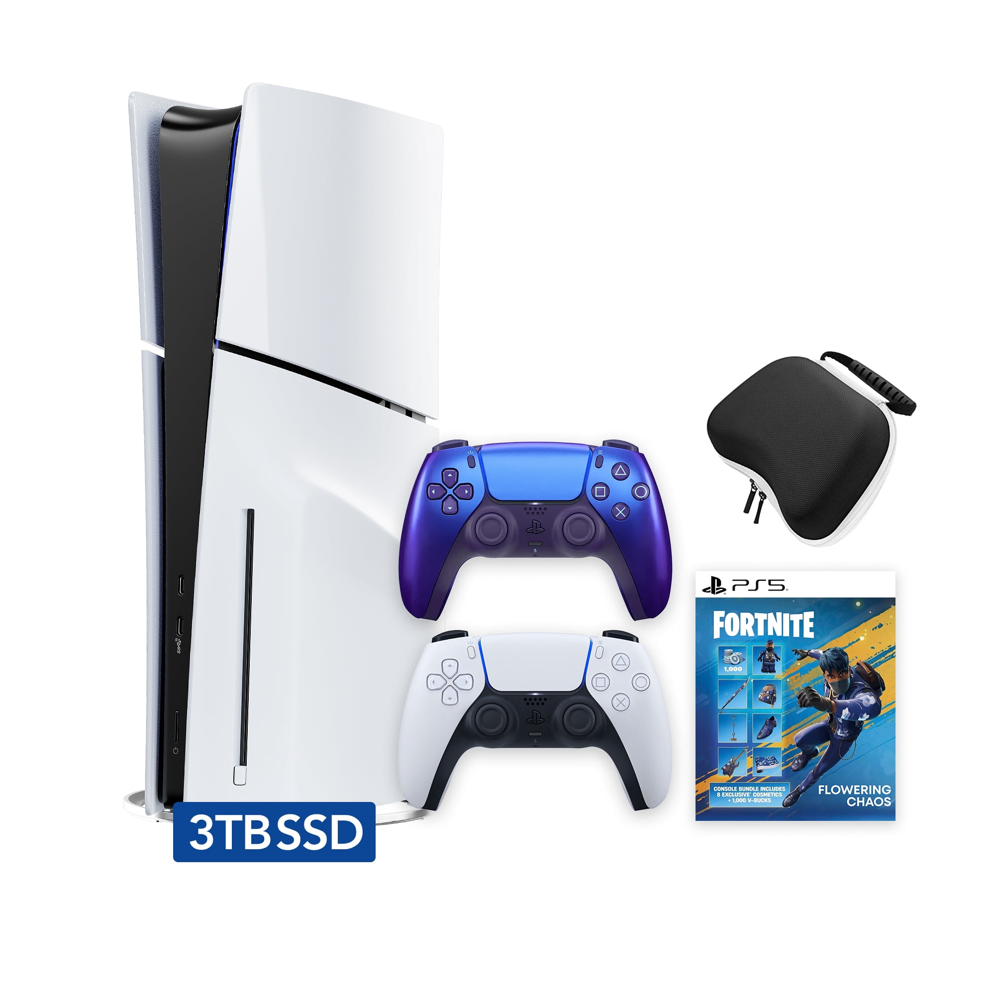 PlayStation 5 Slim Disc 3TB SSD Fortnite Flowering Chaos Bundle with Two Controllers, White and Chroma Indigo DualSense and Mytrix Hard Shell Protective Controller Case - PS5 Slim Disc Edition