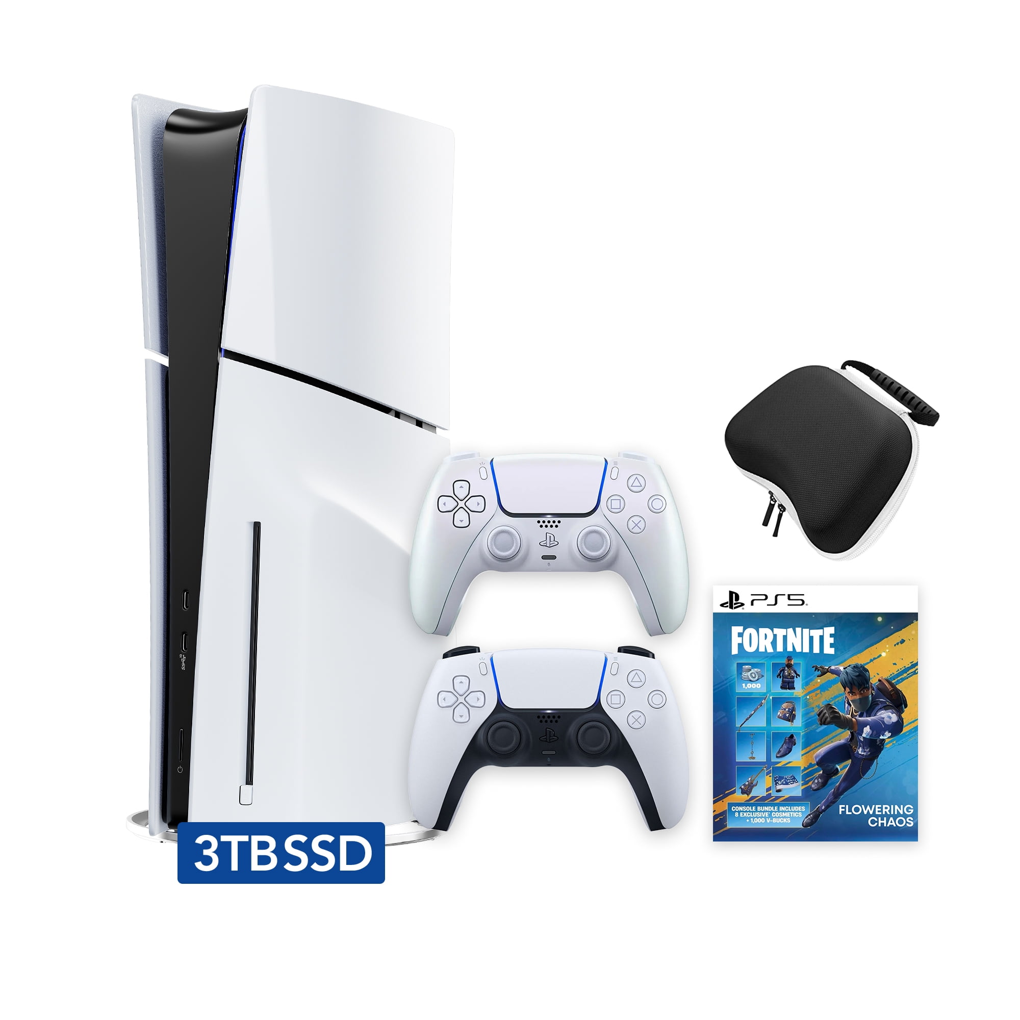 PlayStation 5 Slim Disc 3TB SSD Fortnite Flowering Chaos Bundle with Two Controllers, White and Chroma Pearl DualSense and Mytrix Hard Shell Protective Controller Case - PS5 Slim Disc Edition