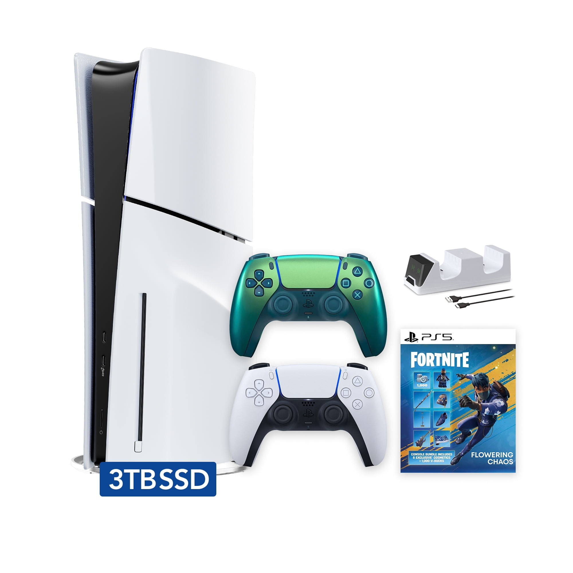 PlayStation 5 Slim Disc 3TB SSD Fortnite Flowering Chaos Bundle with Two Controllers, White and Chroma Teal DualSense and Mytrix Dual Controller Charger - PS5 Slim Disc Edition