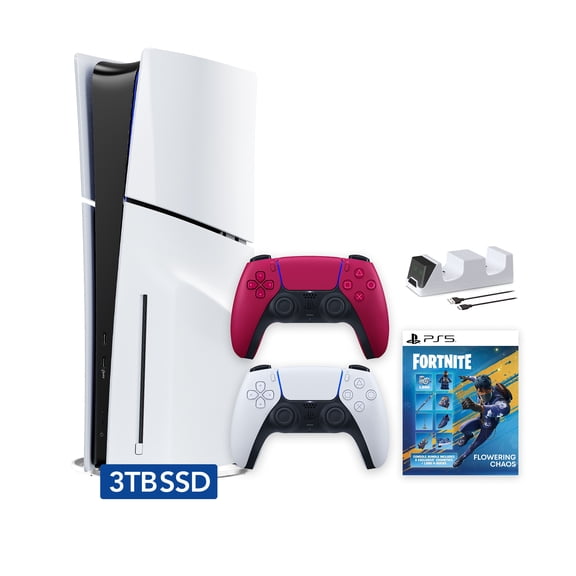 PlayStation 5 Slim Disc 3TB SSD Fortnite Flowering Chaos Bundle with Two Controllers, White and Cosmic Red DualSense and Mytrix Dual Controller Charger - PS5 Slim Disc Edition