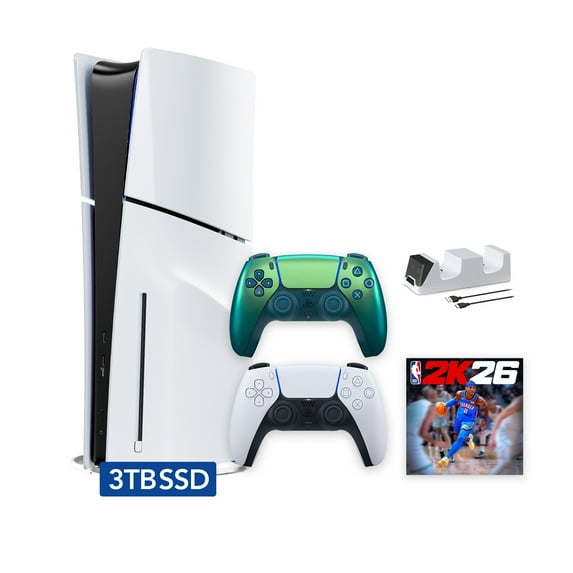 PlayStation 5 Slim Disc 3TB SSD NBA 2K26 Bundle with Two Controllers, White and Chroma Teal DualSense and Mytrix Dual Controller Charger - PS5 Slim Disc Edition