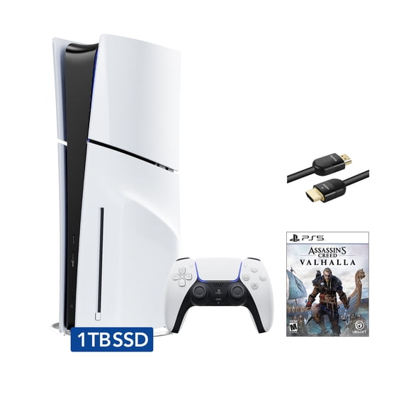 PlayStation 5 Slim Disc Edition Bundle with Assassin's Creed Valhalla and Mytrix 8K HDMI2.1 Cable - PS5, White