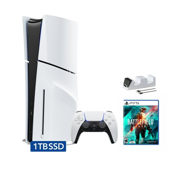 PlayStation 5 Slim Disc Edition Bundle with Battlefield 2042 and C-Gamers Dual-Controller Charger - PS5, White