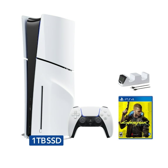 PlayStation 5 Slim Disc Edition Bundle with Cyberpunk 2077 and C-Gamers Dual-Controller Charger - PS5, White