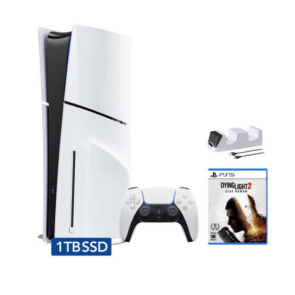 PlayStation 5 Slim Disc Edition Bundle with Dying Light 2 Stay Human and C-Gamers Dual-Controller Charger - PS5, White