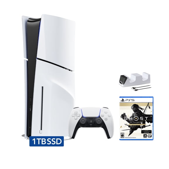 PlayStation 5 Slim Disc Edition Bundle with Ghost of Tsushima Director's Cut and C-Gamers Dual-Controller Charger - PS5, White