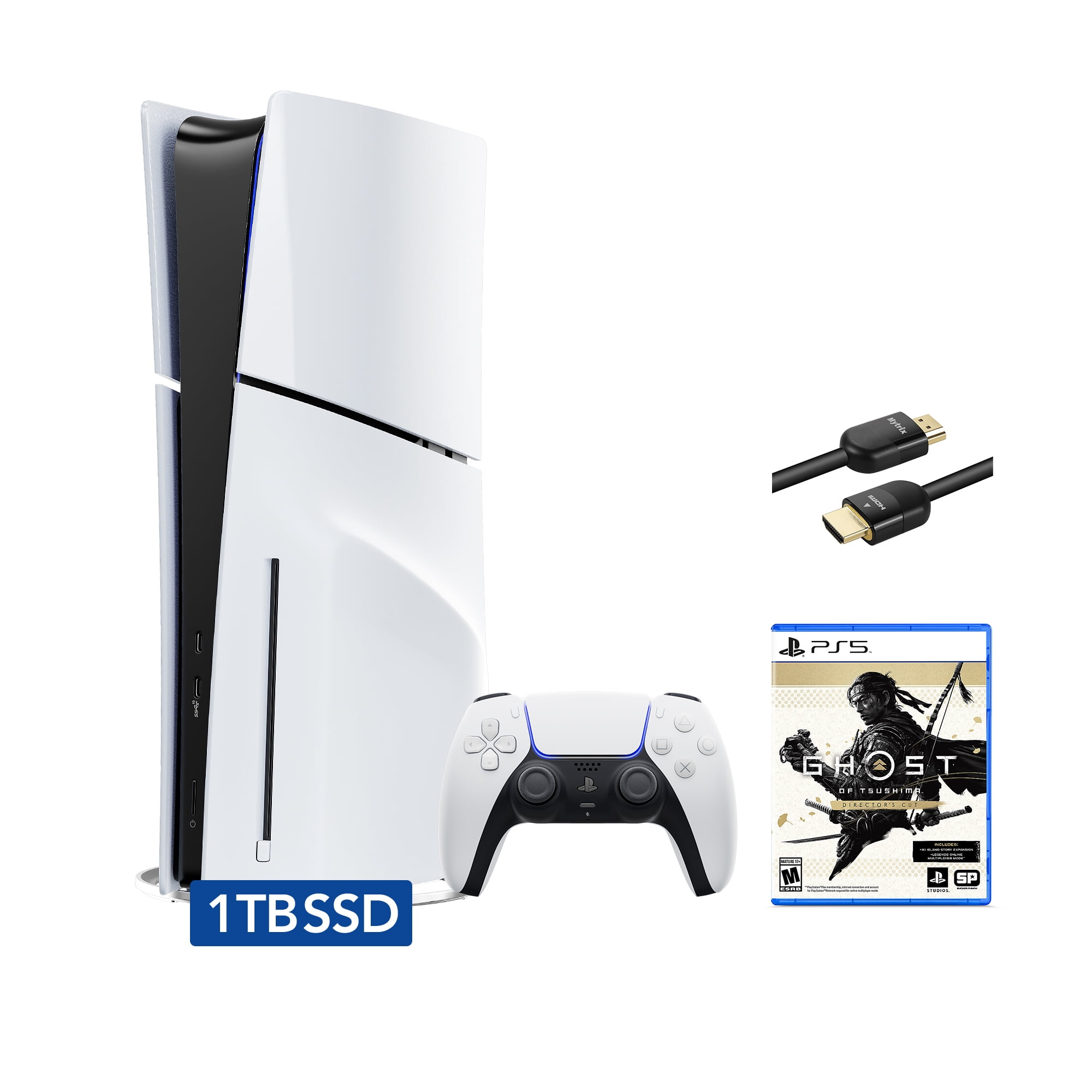 PlayStation 5 Slim Disc Edition Bundle with Ghost of Tsushima Director's Cut and Mytrix 8K HDMI2.1 Cable - PS5, White