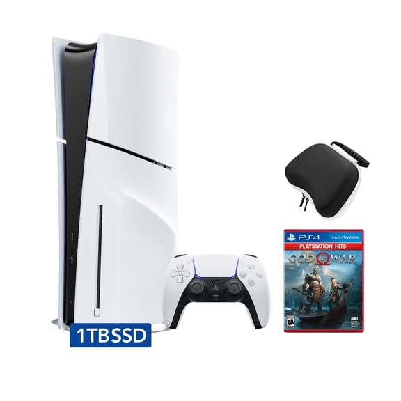 PlayStation 5 Slim Disc Edition Bundle with God of War and Controller Case - PS5, White