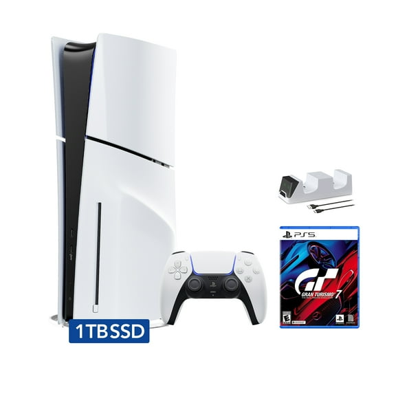 PlayStation 5 Slim Disc Edition Bundle with Gran Turismo 7 and C-Gamers Dual-Controller Charger - PS5, White