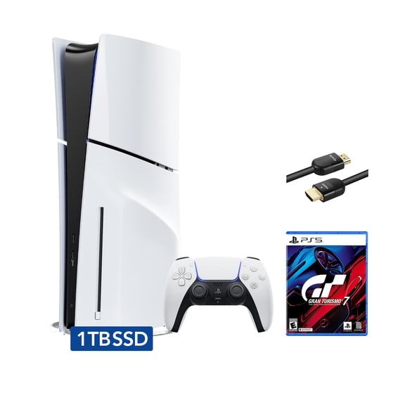PlayStation 5 Slim Disc Edition Bundle with Gran Turismo 7 and Mytrix 8K HDMI2.1 Cable - PS5, White